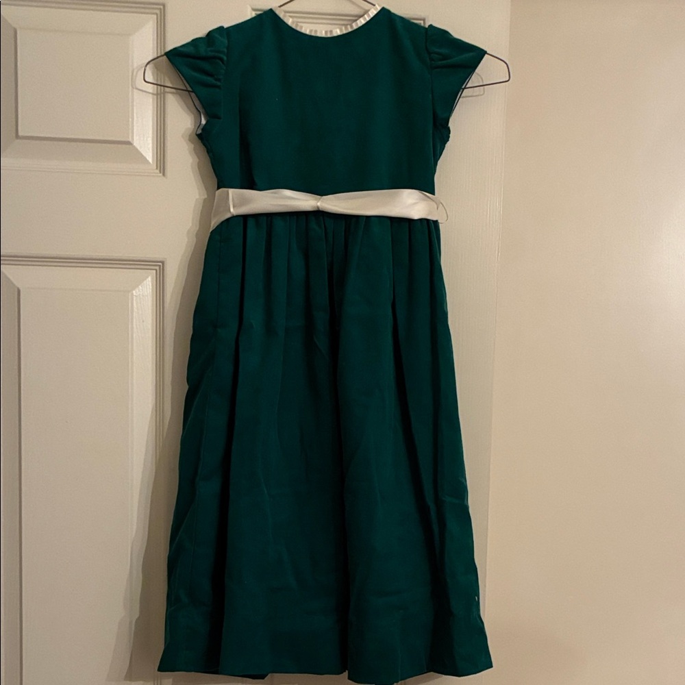 Elegant Green Corduroy Dress with Cream Satin Accents